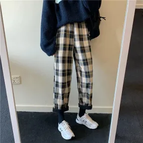 Warm Plaid Elastic Waist Loose Pants Plus Velvet