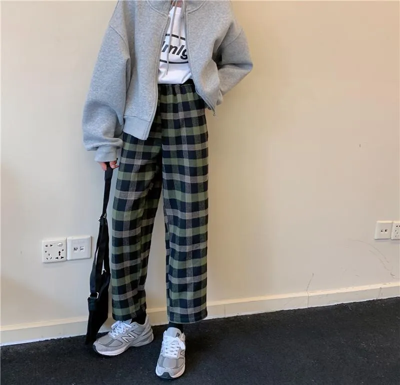 Warm Plaid Elastic Waist Loose Pants Plus Velvet