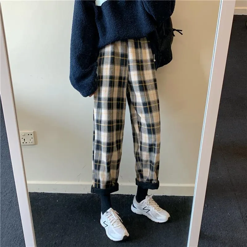 Warm Plaid Elastic Waist Loose Pants Plus Velvet