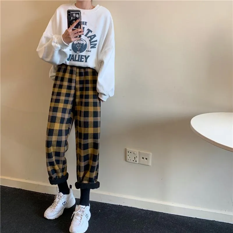 Warm Plaid Elastic Waist Loose Pants Plus Velvet