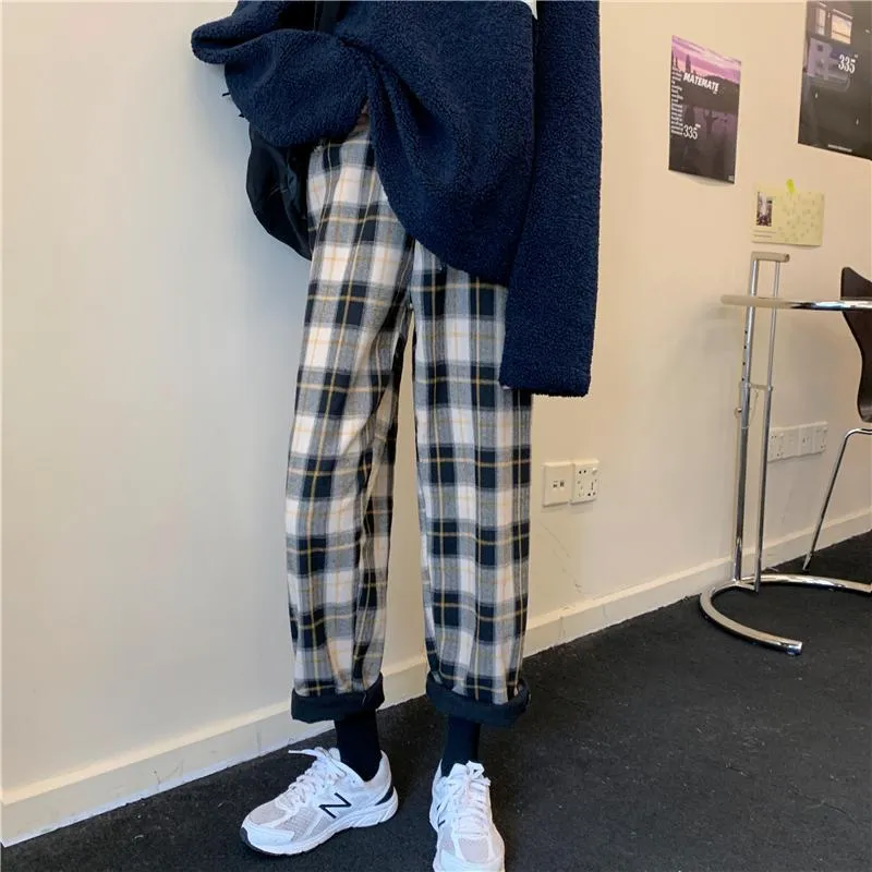 Warm Plaid Elastic Waist Loose Pants Plus Velvet