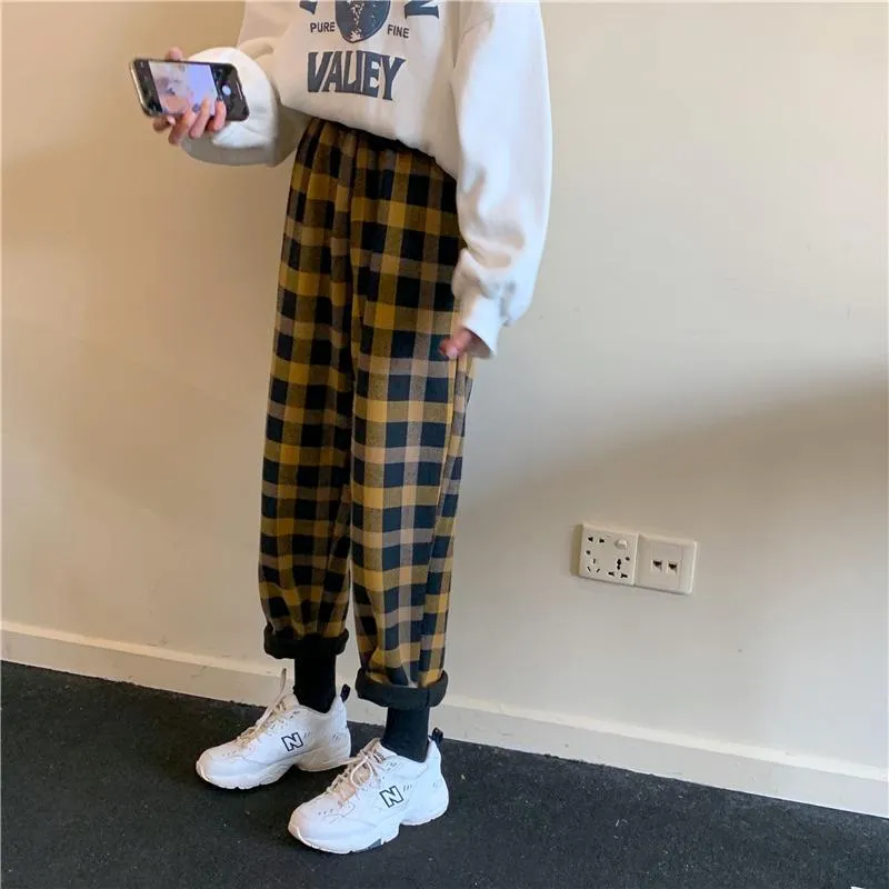 Warm Plaid Elastic Waist Loose Pants Plus Velvet