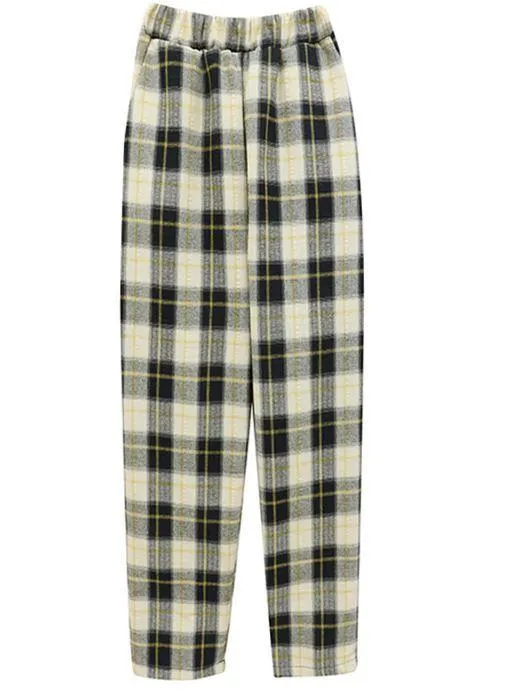 Warm Plaid Elastic Waist Loose Pants Plus Velvet