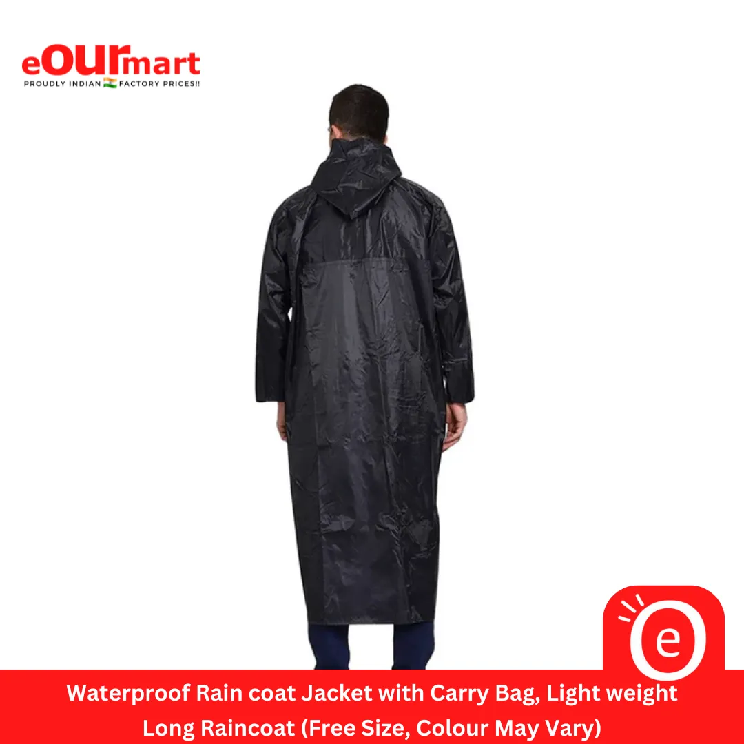 Waterproof Rain coat Jacket with Carry Bag, Lightweight Long Raincoat (Free Size, Black)