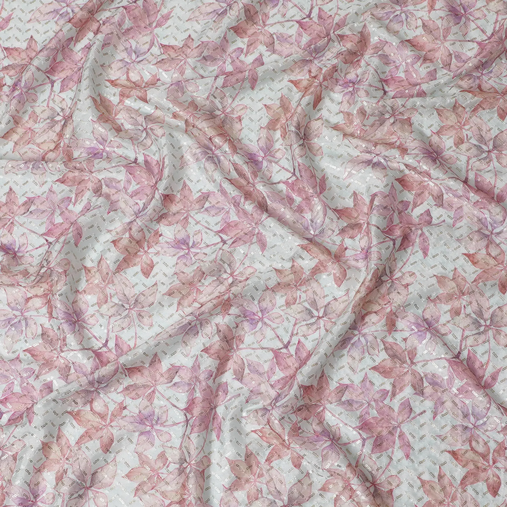 Whimsical Autumn Synthetic chinon Fabric - 110cm Wide, Sequined Leaf Embroidery from India-D18547