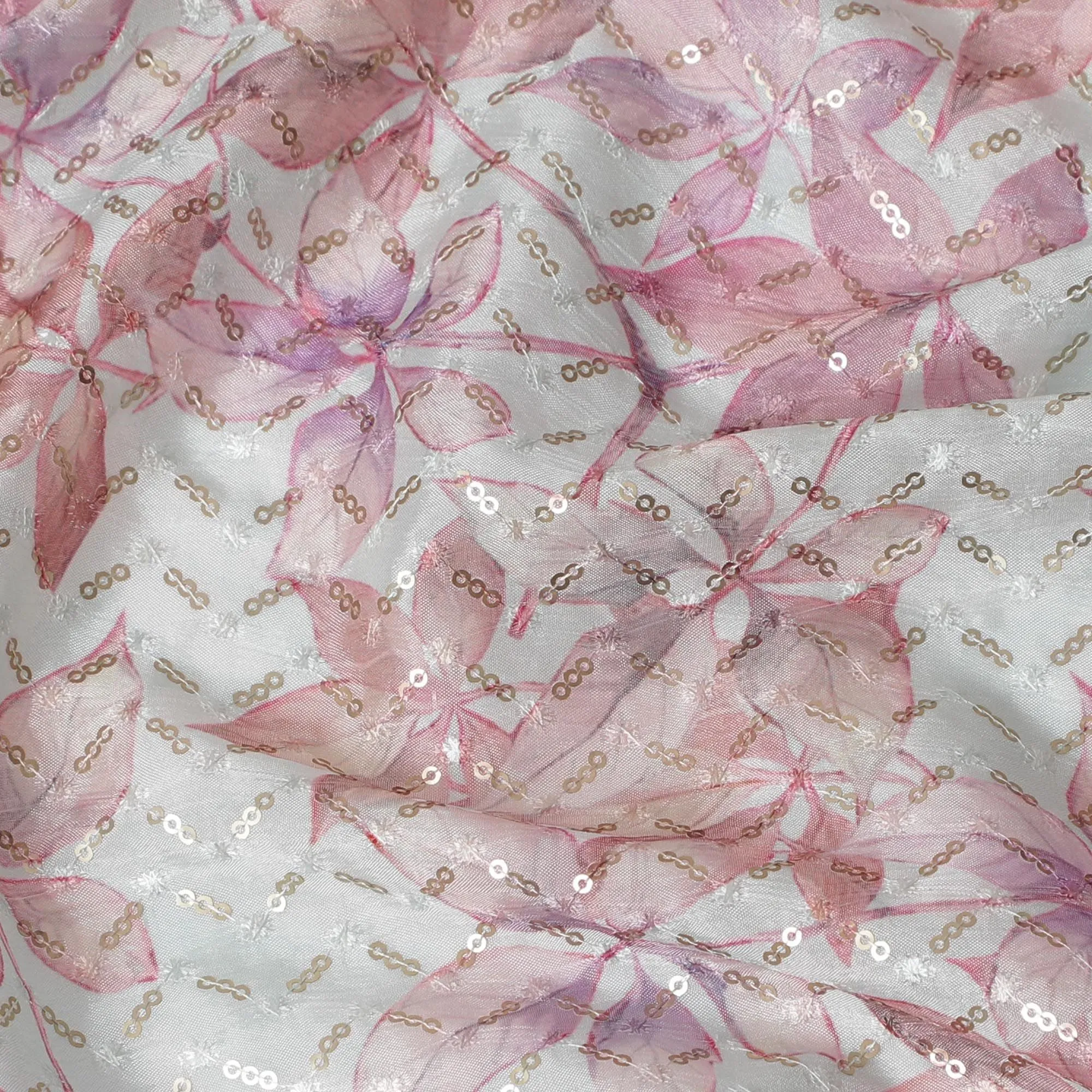 Whimsical Autumn Synthetic chinon Fabric - 110cm Wide, Sequined Leaf Embroidery from India-D18547