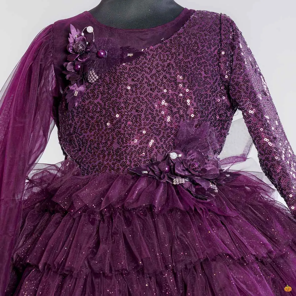 Wine Sequin Layered Gown for Girls