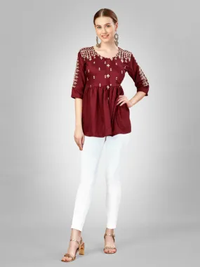 Womens Embroidered A-Line Rust Tunic