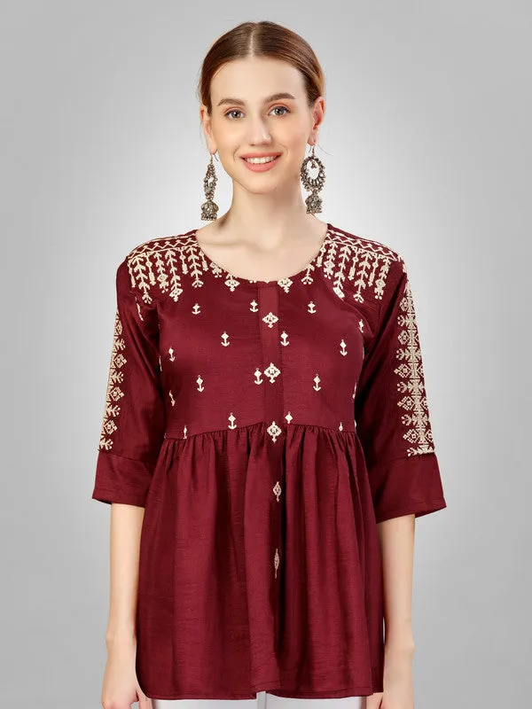 Womens Embroidered A-Line Rust Tunic