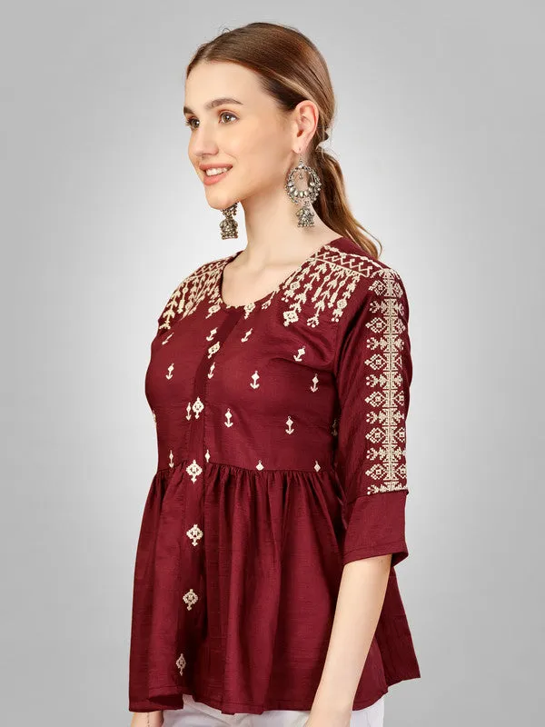 Womens Embroidered A-Line Rust Tunic