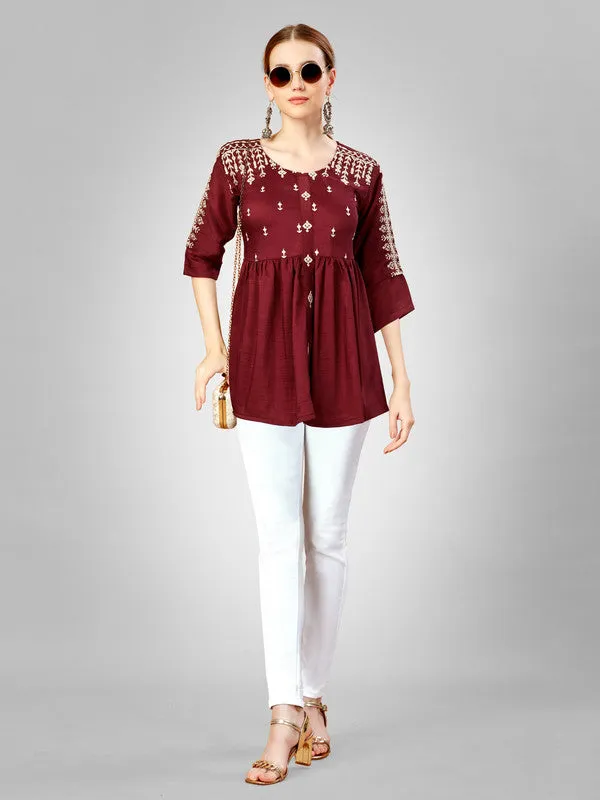 Womens Embroidered A-Line Rust Tunic