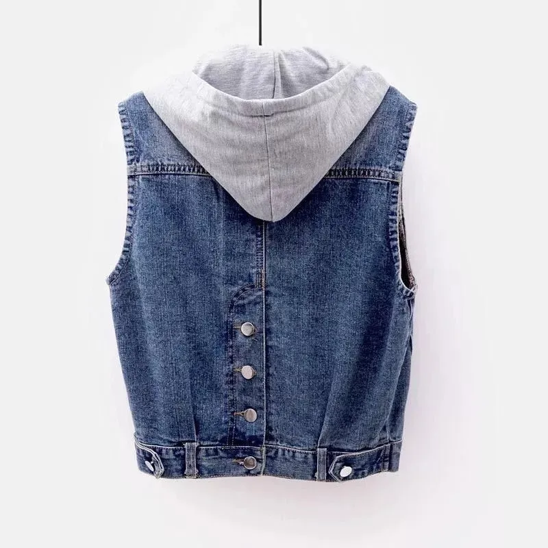 Women's Fashion Sleeveless Denim Jacket Cowboy Coats Soft Hooded Warm Outwear