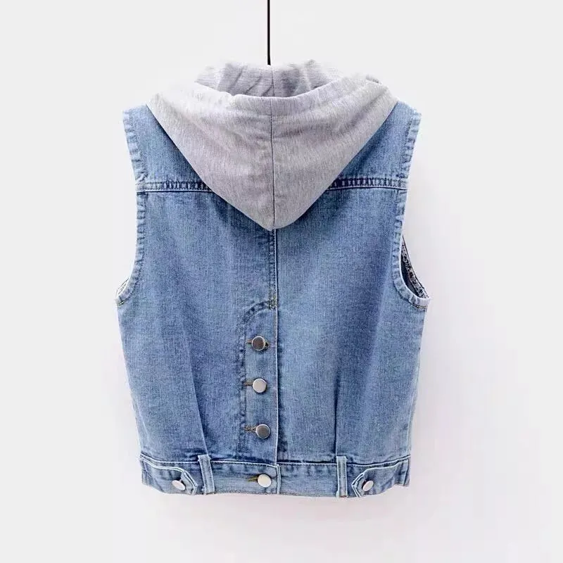 Women's Fashion Sleeveless Denim Jacket Cowboy Coats Soft Hooded Warm Outwear