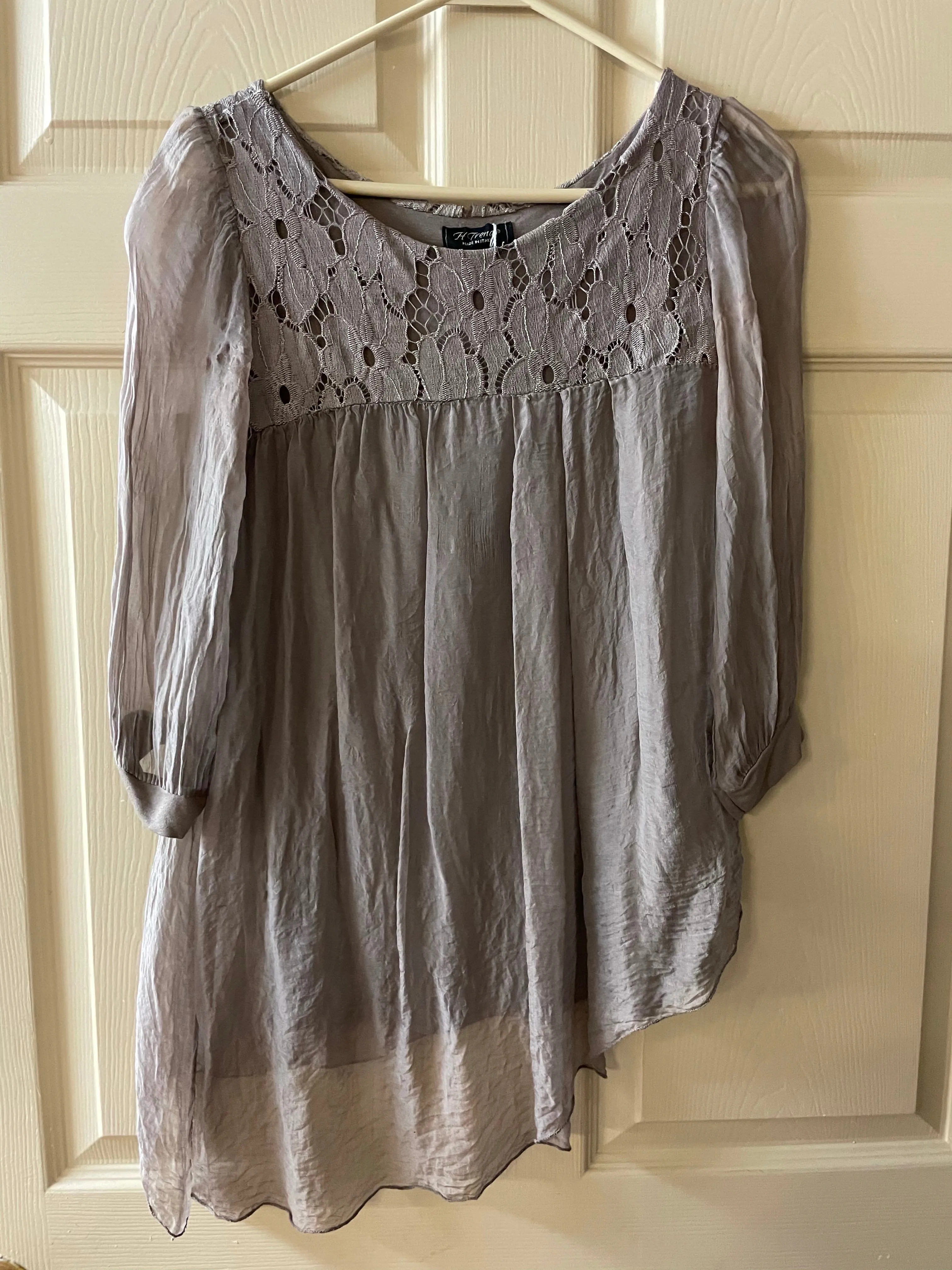 Womens Juniors XSmall H TREND Silk Blouse Top Sheer Lace Gray 3/4 Sleeve Italy