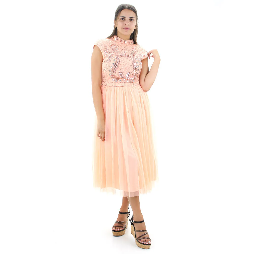 Women's Midi Dress With Embellished Mirror Bodice and Tulle Skirt,Peach