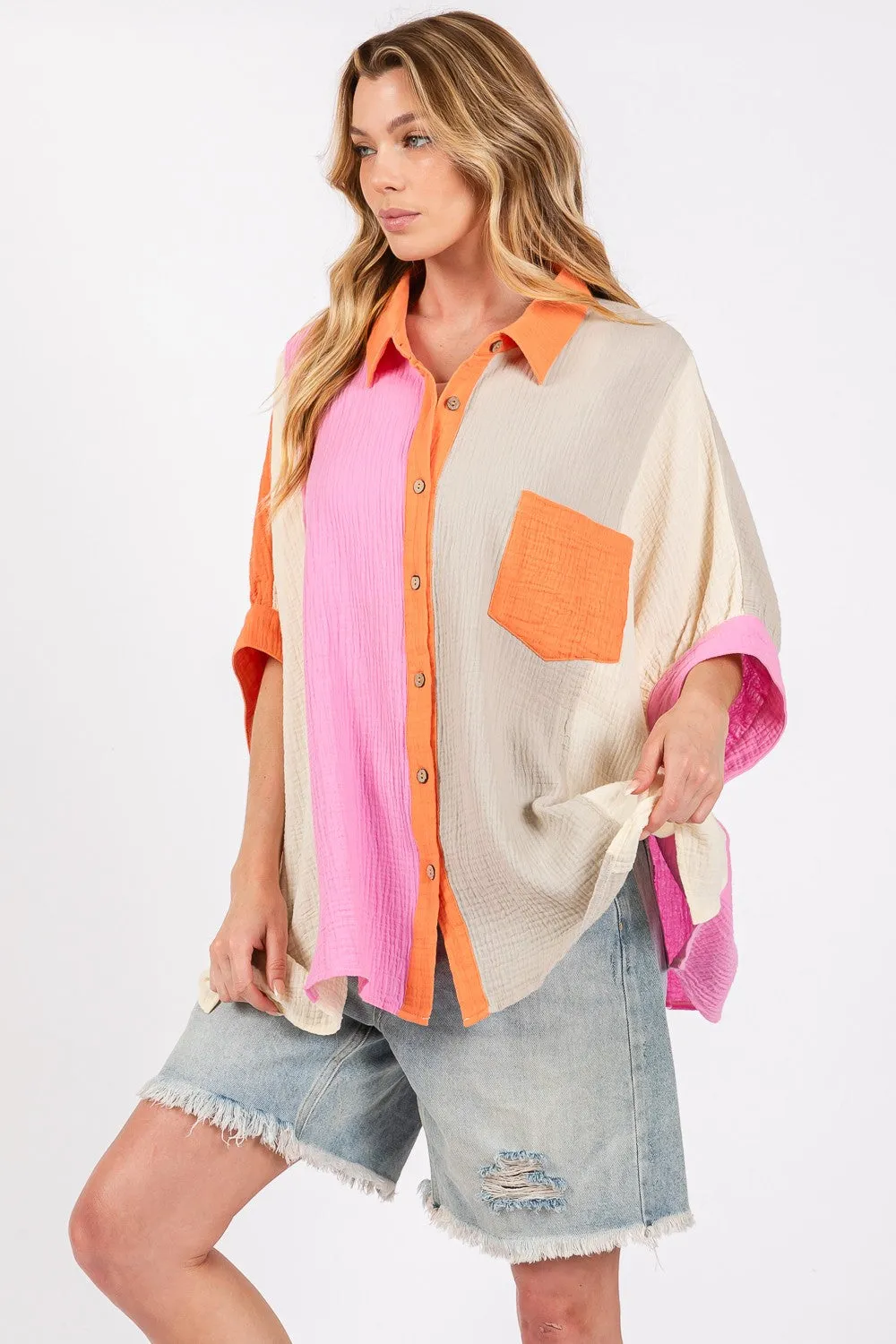 Women's SAGE   FIG Full Size Color Block Button-Down Shirt