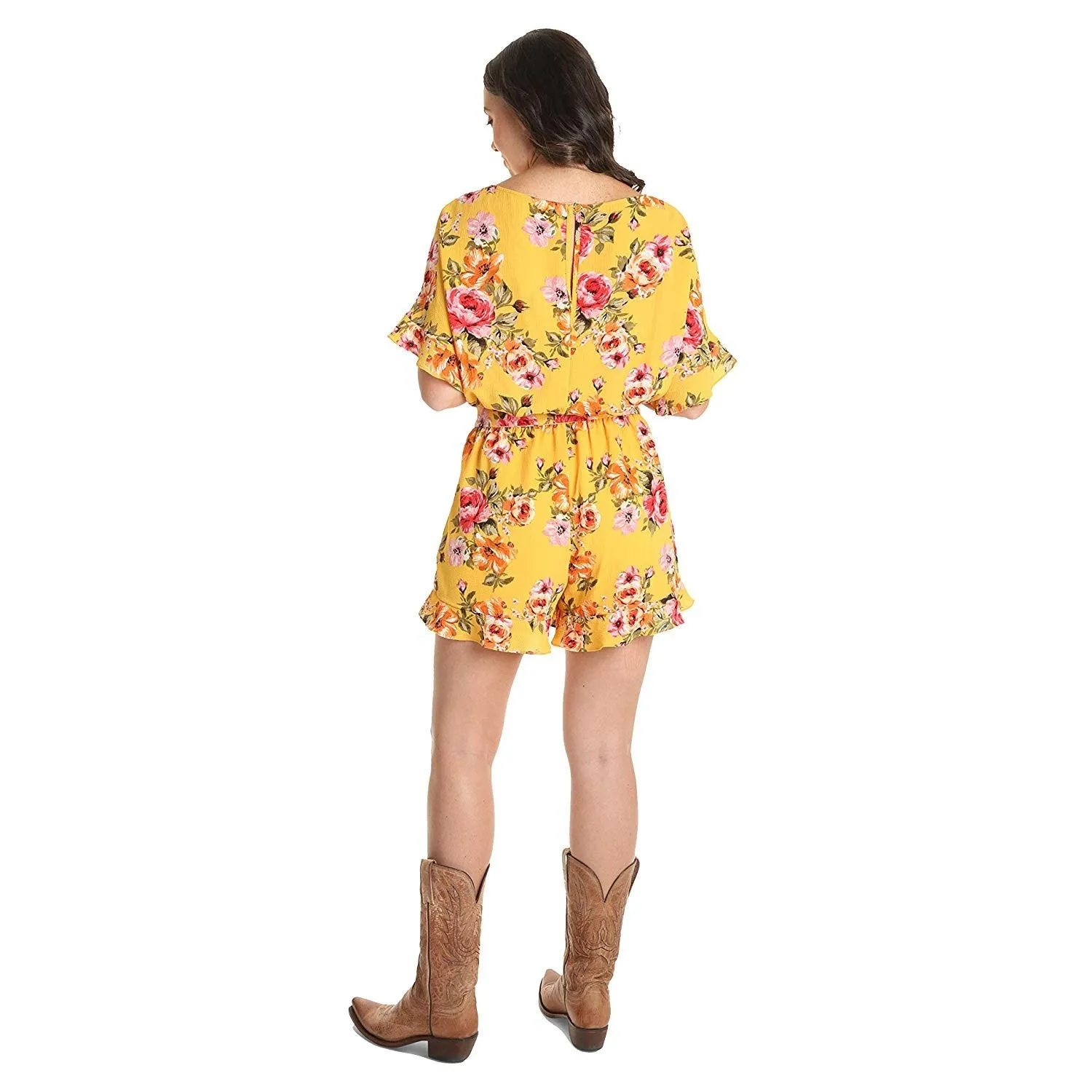 Wrangler Floral Short Sleeve Romper with Self-Belt, Mustard Floral