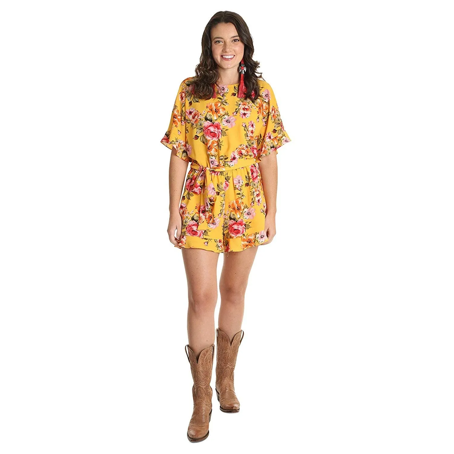 Wrangler Floral Short Sleeve Romper with Self-Belt, Mustard Floral