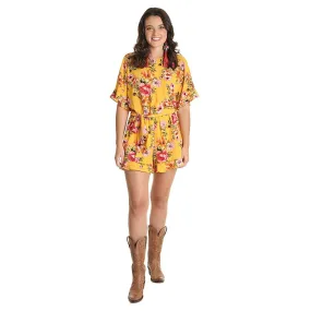 Wrangler Floral Short Sleeve Romper with Self-Belt, Mustard Floral