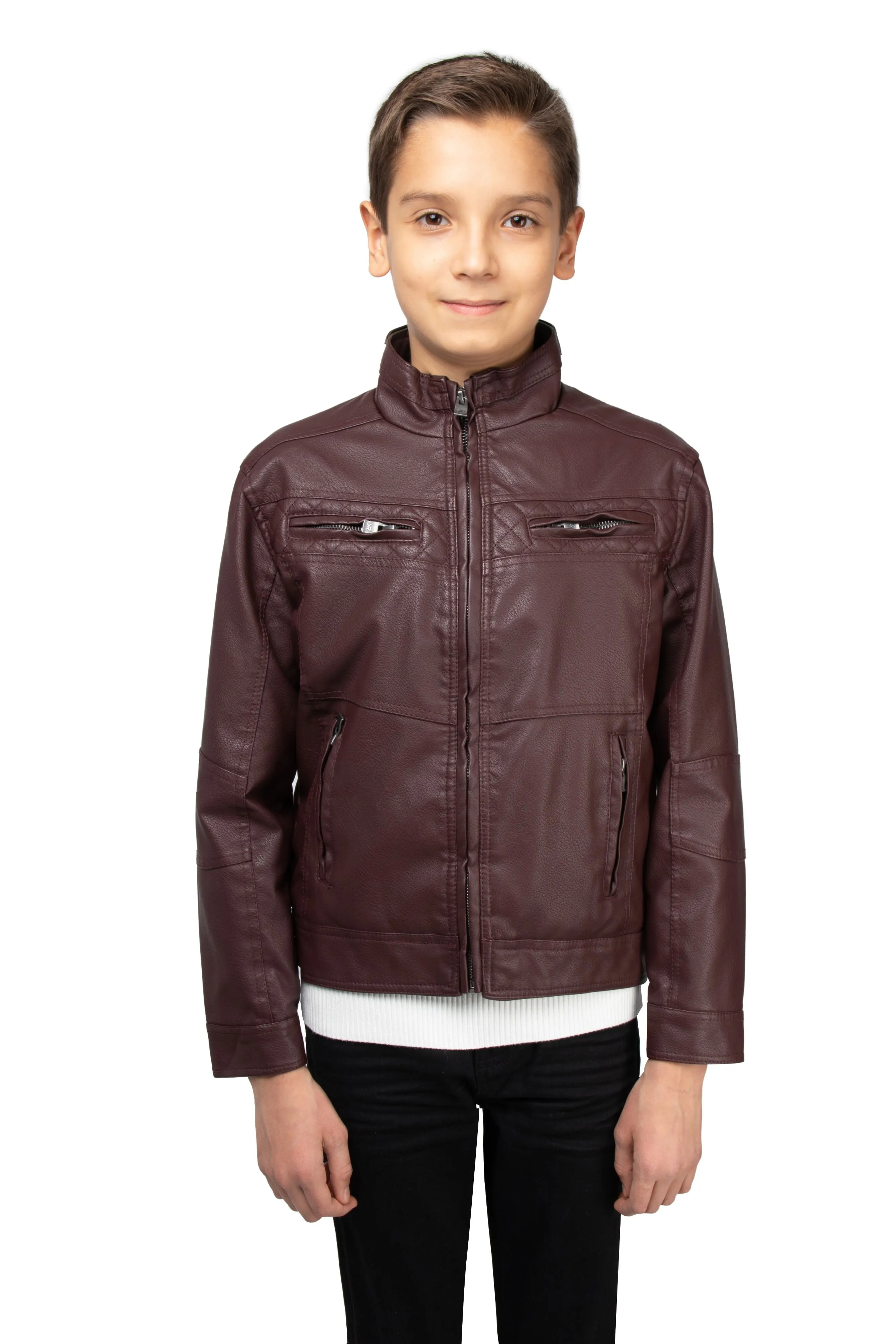 X RAY Boy's Stand Up Collar Motorcycle PU Leather Jacket with Sherpa Lining