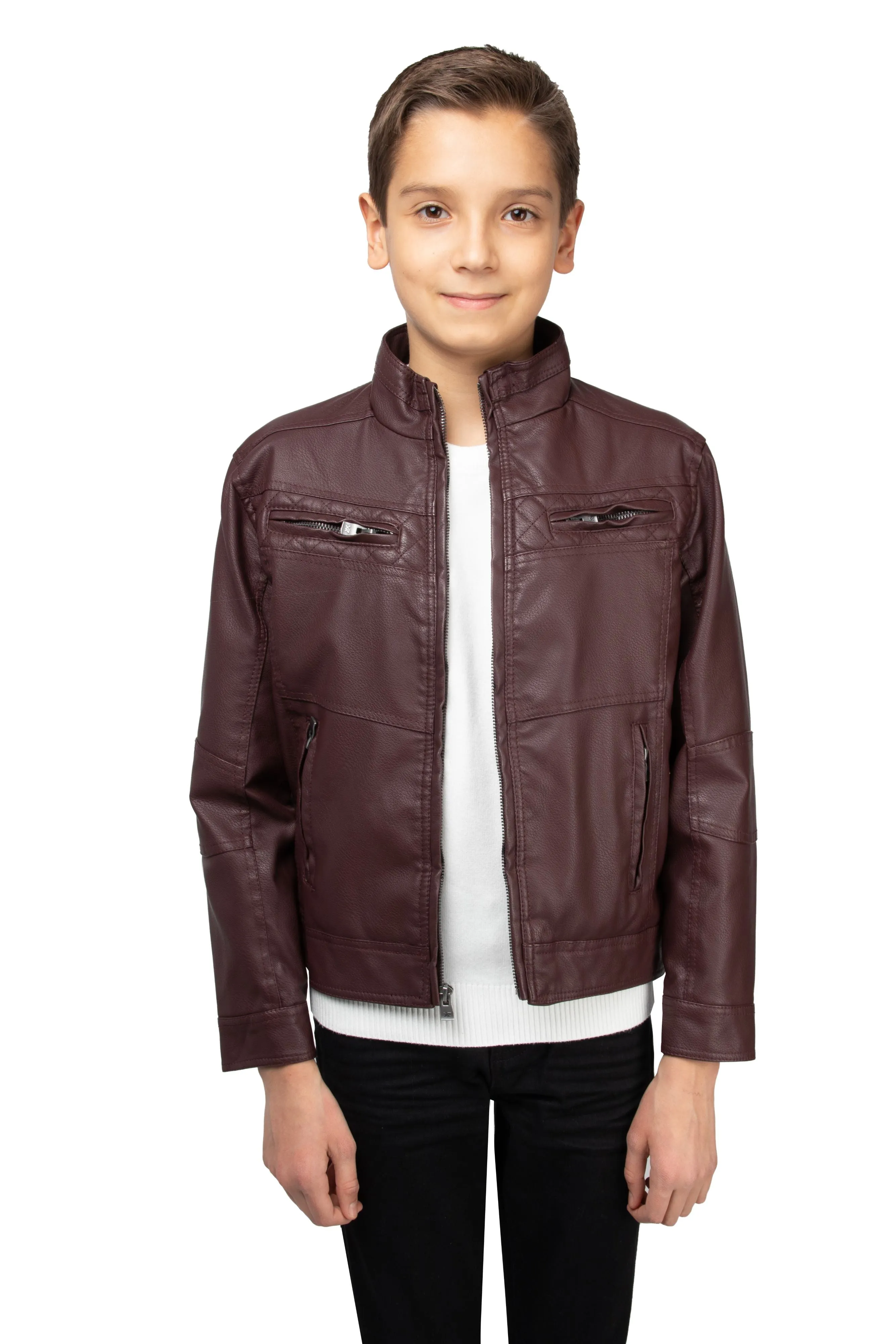 X RAY Boy's Stand Up Collar Motorcycle PU Leather Jacket with Sherpa Lining