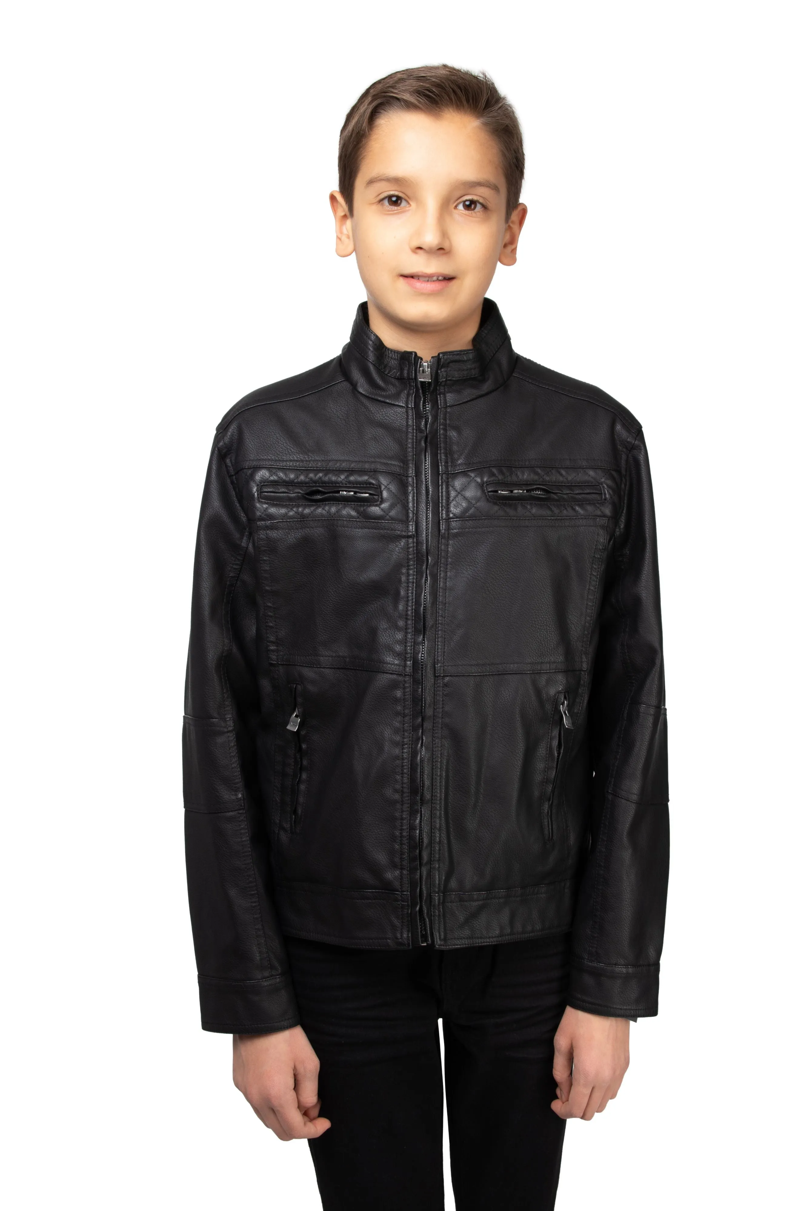 X RAY Boy's Stand Up Collar Motorcycle PU Leather Jacket with Sherpa Lining