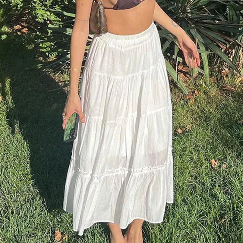 YESMYTOOL  -   Summer White Long Skirt Women Vintage Elastic Waist A-line Patchwork Boho Loose Midi Skirt 2000s Y2k Streetwear Fashion