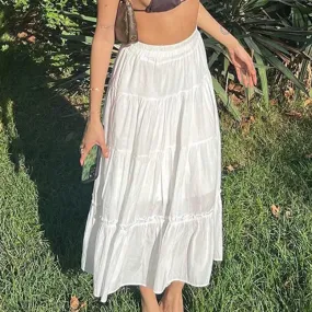 YESMYTOOL  -   Summer White Long Skirt Women Vintage Elastic Waist A-line Patchwork Boho Loose Midi Skirt 2000s Y2k Streetwear Fashion