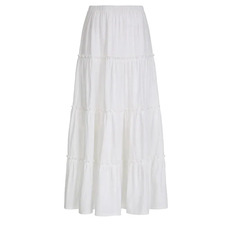 YESMYTOOL  -   Summer White Long Skirt Women Vintage Elastic Waist A-line Patchwork Boho Loose Midi Skirt 2000s Y2k Streetwear Fashion